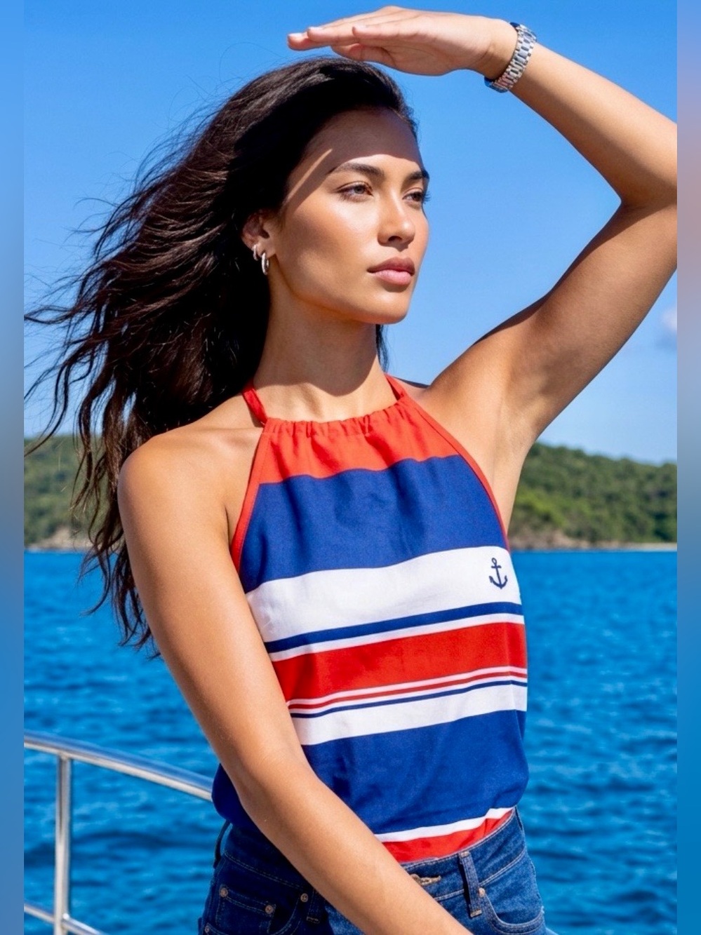 Nautical NWOT Sleeveless Stripe Halter Tank Top - Red, Navy & White M